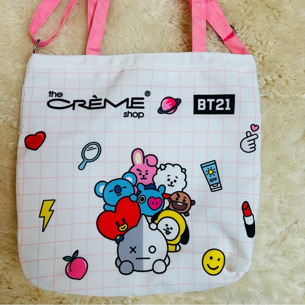 NWOT BT21 The Crème Shop BTS K-POP Summer Beach Pink/White Tote Bag - Picture 2 of 8
